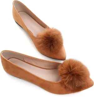 Stunner Women's Ballet Flats Fashion Pointed Toe Dress Flats Soft Suede Flat Shoes Casual Plush Ball Slip On Walking Shoes