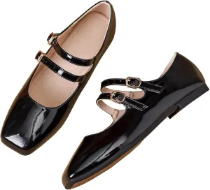 Stunner Women's Mary Jane Flats Retro Square Toe Soft Ballet Flats Comfort Double Line Strap Wedding Dressy Flats 2