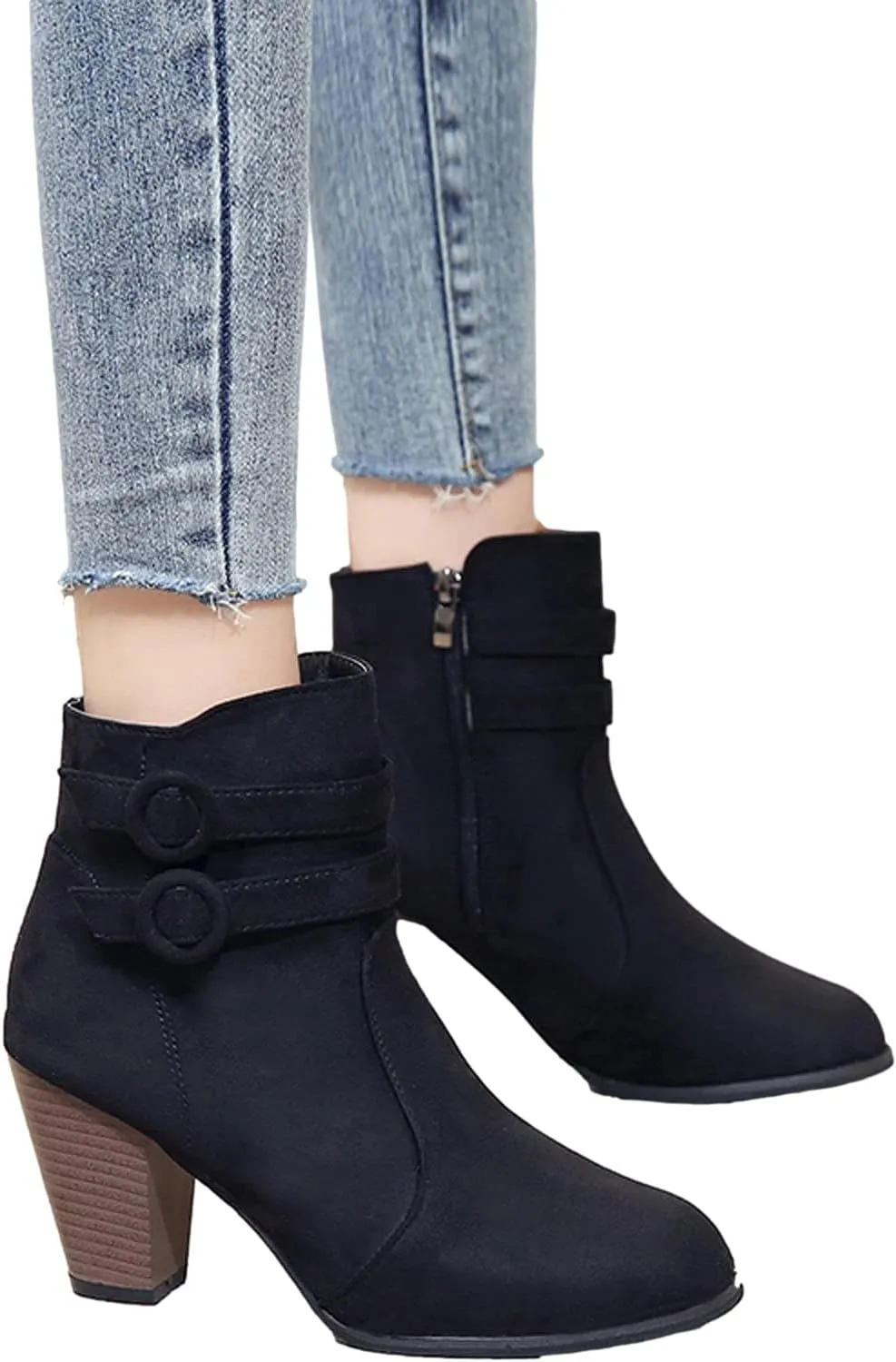 Suede Ankle Boots for Women Vintage Double Buckle Side Zipper Pointed Toe Square Chunky High-heeled Short Booties Solid Retro Non-slip Shoes