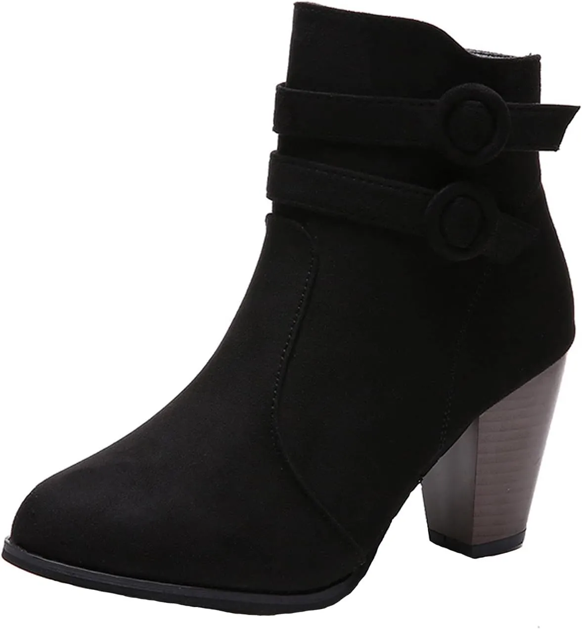 Suede Ankle Boots for Women Vintage Double Buckle Side Zipper Pointed Toe Square Chunky High-heeled Short Booties Solid Retro Non-slip Shoes
