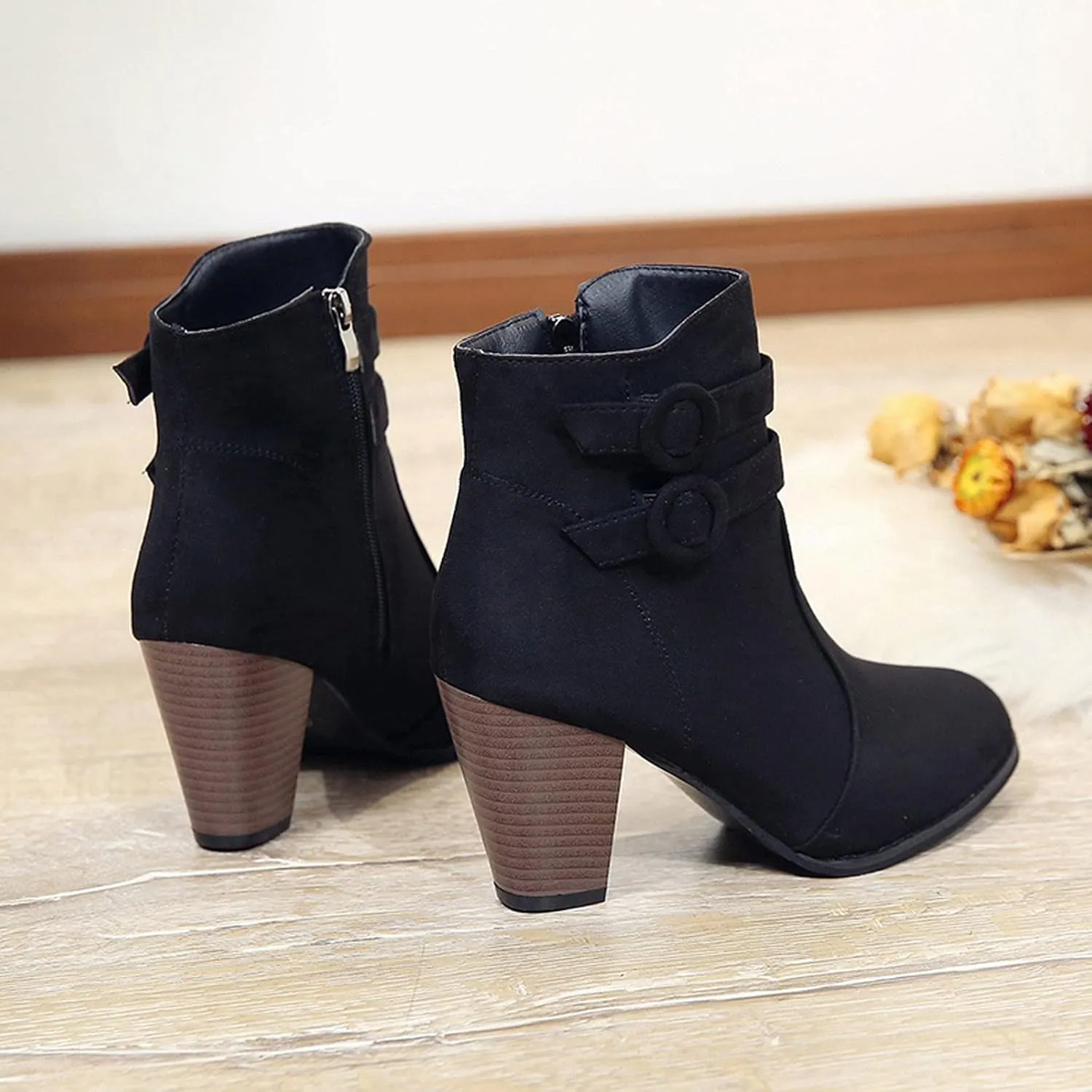 Suede Ankle Boots for Women Vintage Double Buckle Side Zipper Pointed Toe Square Chunky High-heeled Short Booties Solid Retro Non-slip Shoes