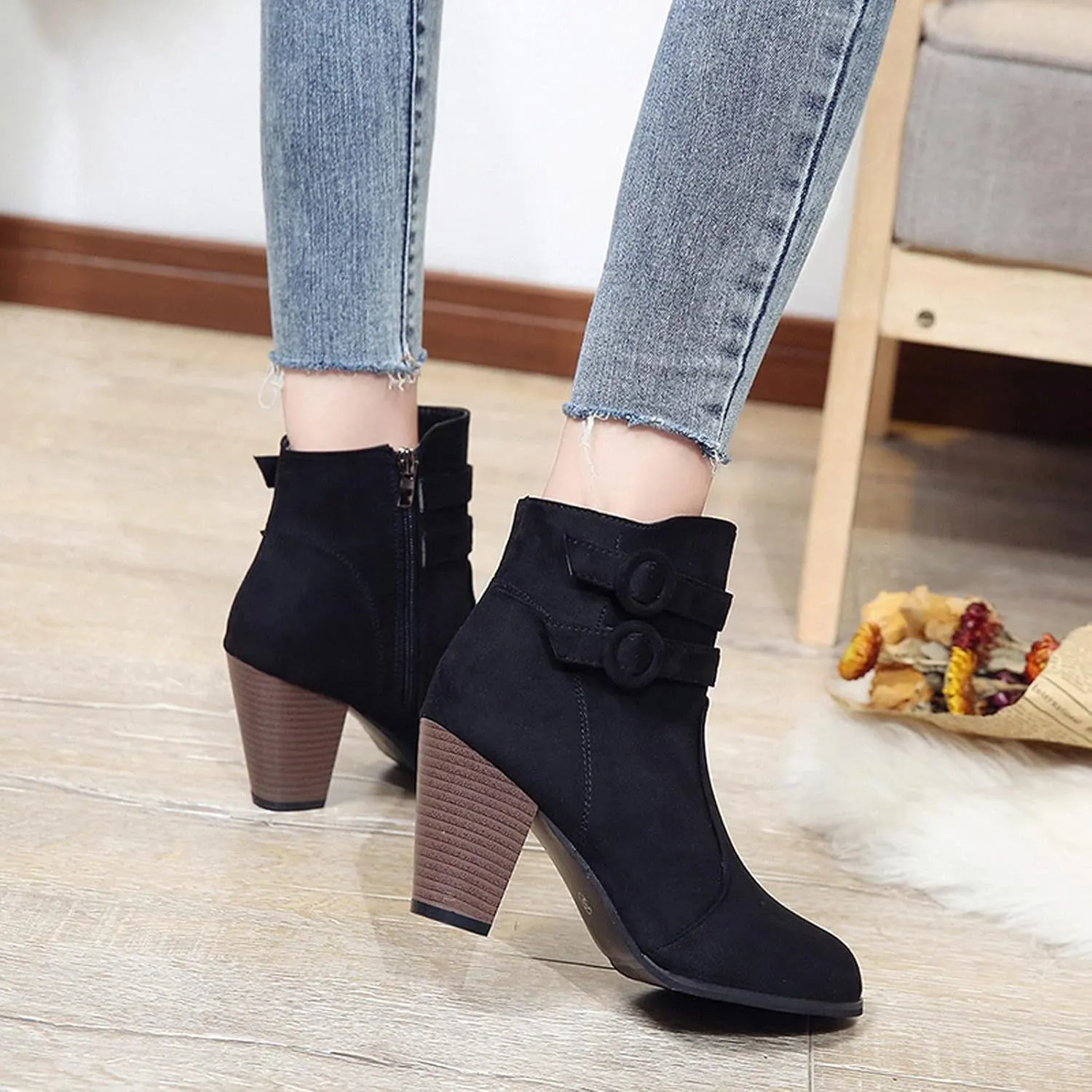 Suede Ankle Boots for Women Vintage Double Buckle Side Zipper Pointed Toe Square Chunky High-heeled Short Booties Solid Retro Non-slip Shoes