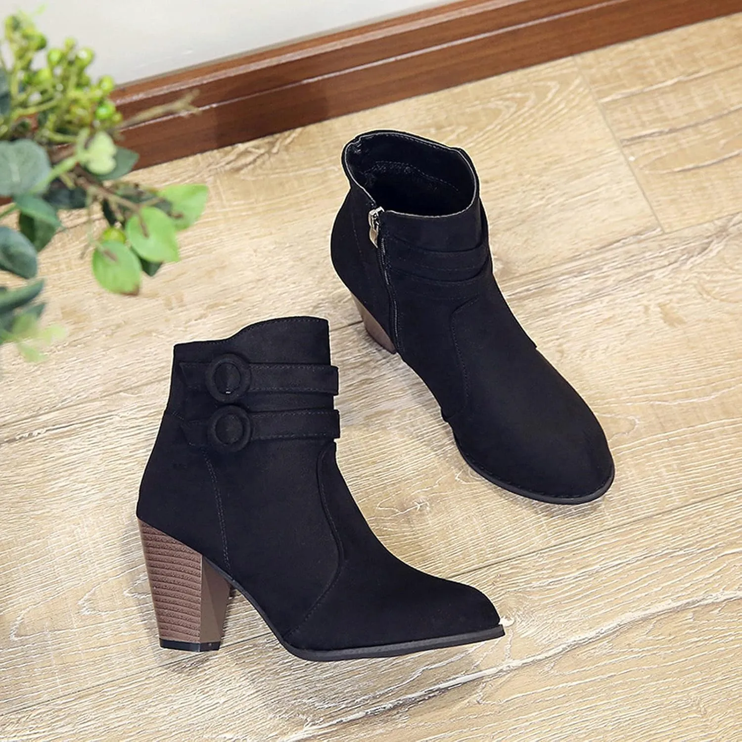 Suede Ankle Boots for Women Vintage Double Buckle Side Zipper Pointed Toe Square Chunky High-heeled Short Booties Solid Retro Non-slip Shoes