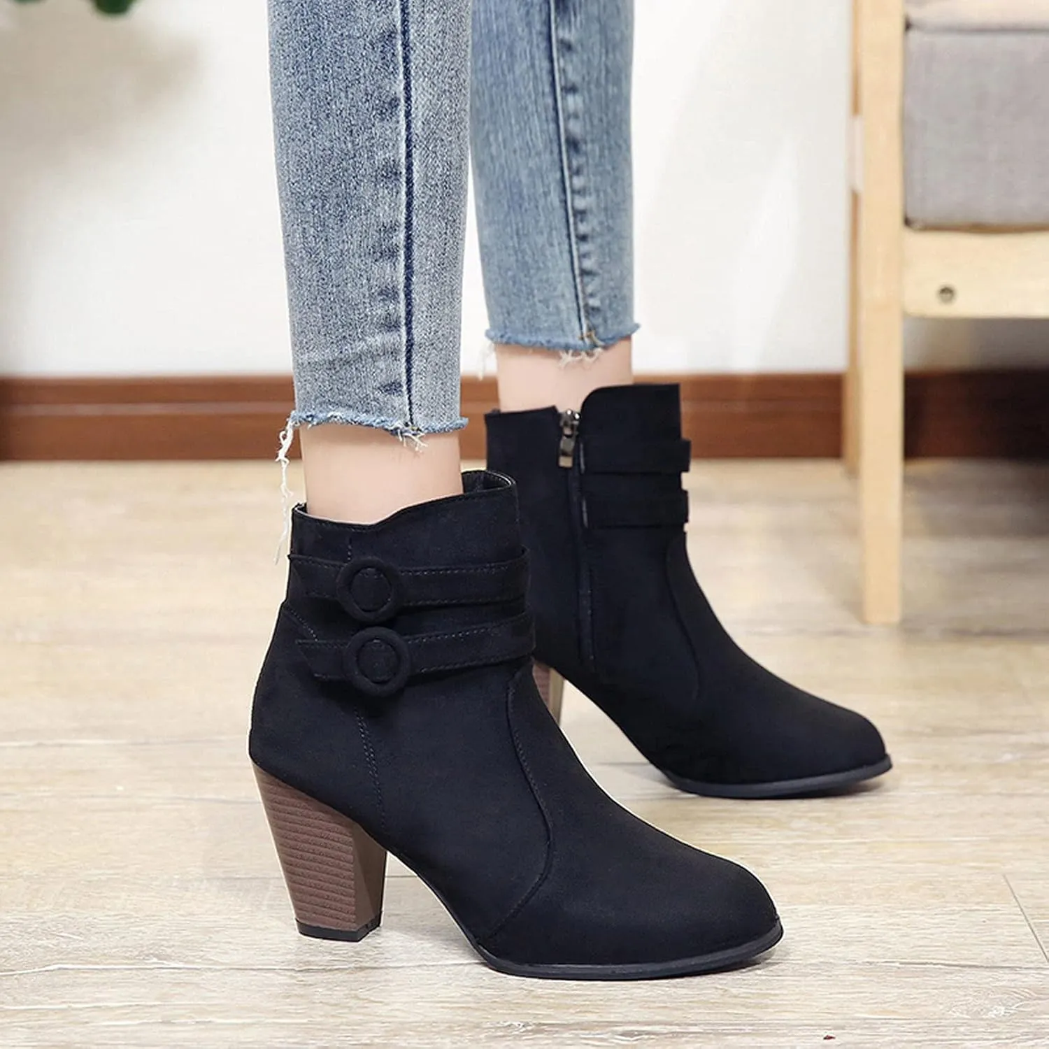 Suede Ankle Boots for Women Vintage Double Buckle Side Zipper Pointed Toe Square Chunky High-heeled Short Booties Solid Retro Non-slip Shoes