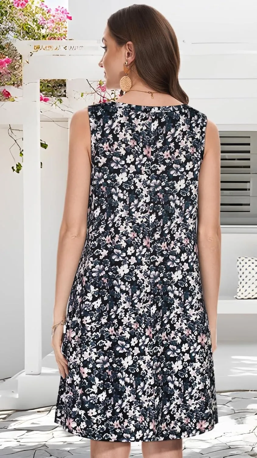 Summer Dresses for Women Beach Boho Sleeveless Vintage Floral Flowy Pocket Tshirt Tank Sundresses