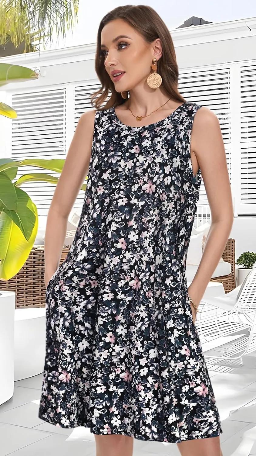 Summer Dresses for Women Beach Boho Sleeveless Vintage Floral Flowy Pocket Tshirt Tank Sundresses