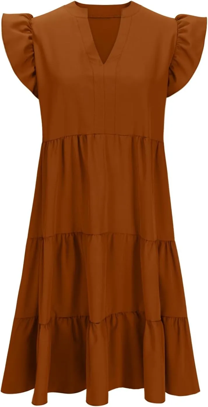 Summer Flowy Dresses for Women 2025 V Neck Ruffle Sleeve Casual Midi Dress Tiered Boho Beach Sundresses with Pockets
