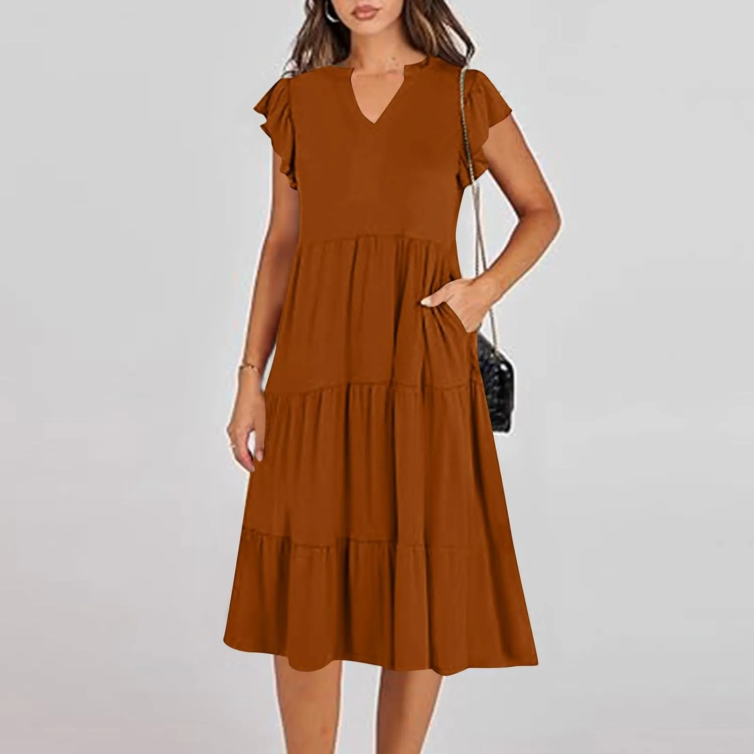 Summer Flowy Dresses for Women 2025 V Neck Ruffle Sleeve Casual Midi Dress Tiered Boho Beach Sundresses with Pockets