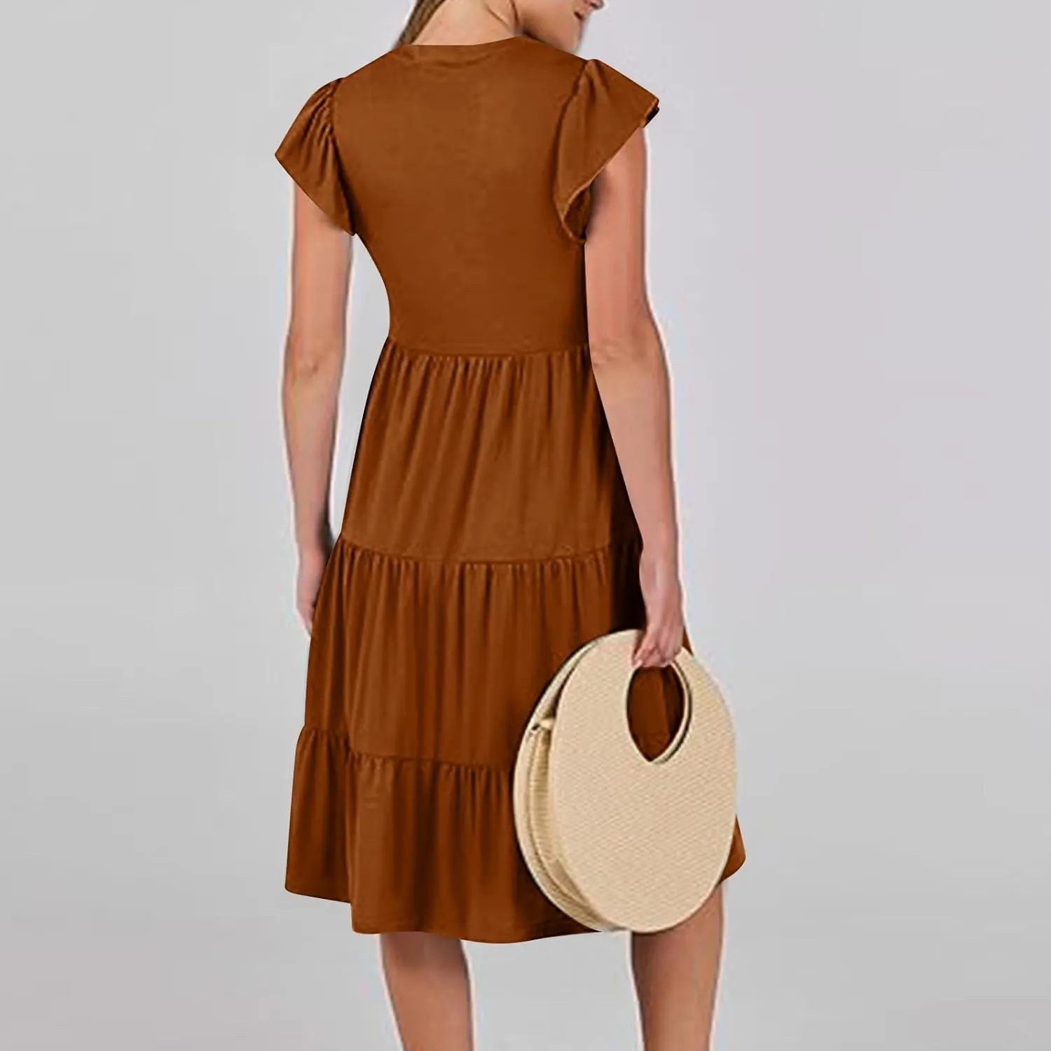Summer Flowy Dresses for Women 2025 V Neck Ruffle Sleeve Casual Midi Dress Tiered Boho Beach Sundresses with Pockets