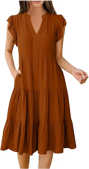 Summer Flowy Dresses for Women 2025 V Neck Ruffle Sleeve Casual Midi Dress Tiered Boho Beach Sundresses with Pockets