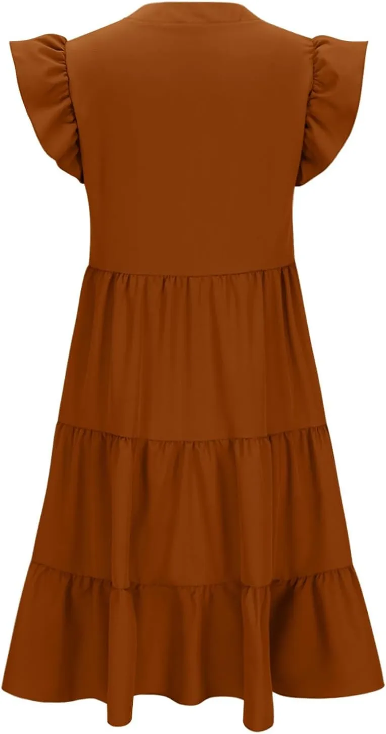 Summer Flowy Dresses for Women 2025 V Neck Ruffle Sleeve Casual Midi Dress Tiered Boho Beach Sundresses with Pockets