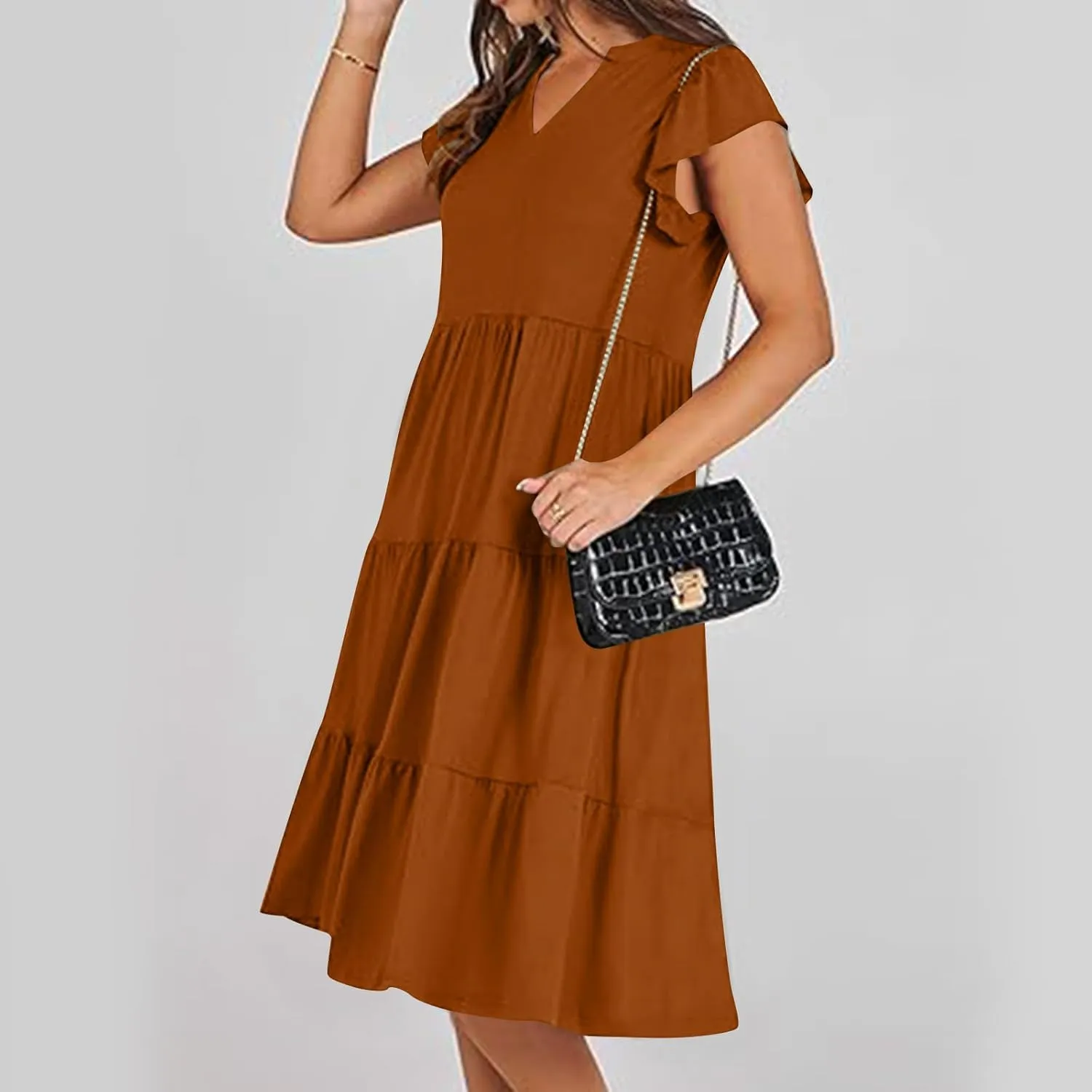 Summer Flowy Dresses for Women 2025 V Neck Ruffle Sleeve Casual Midi Dress Tiered Boho Beach Sundresses with Pockets