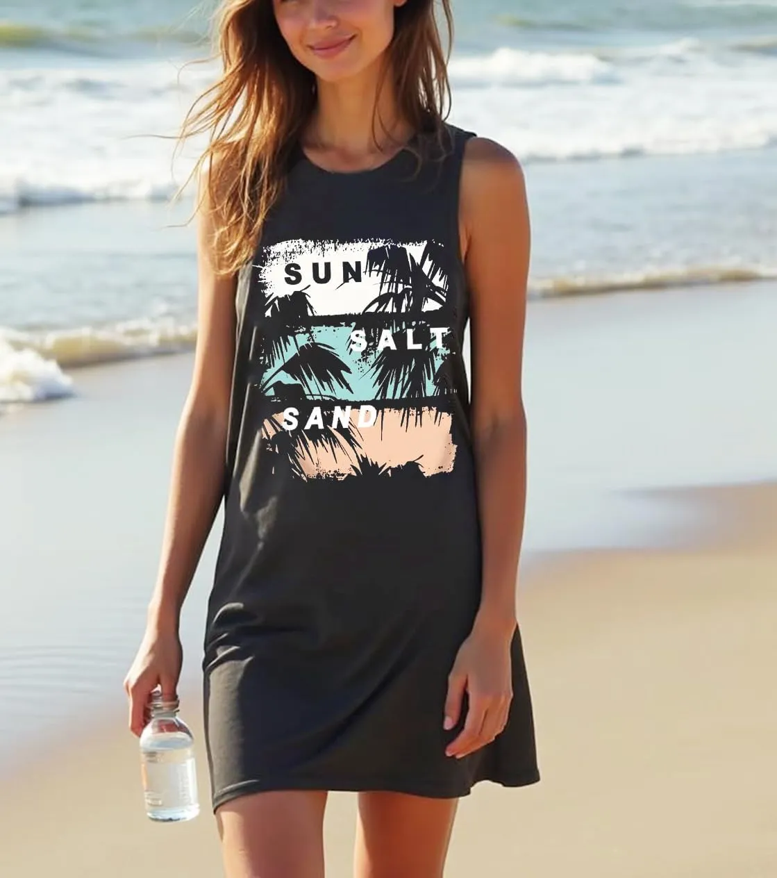 Summer Tank Dress for Women Casual Vacation Sundress Coconut Tree Graphic Beach Cover Up