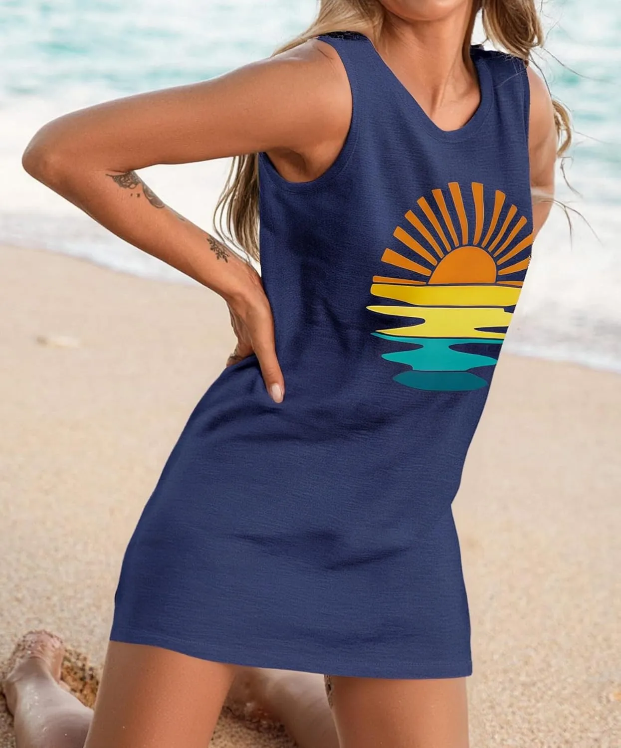 Summer Tank Dress for Women Casual Vacation Sundress Coconut Tree Graphic Beach Cover Up