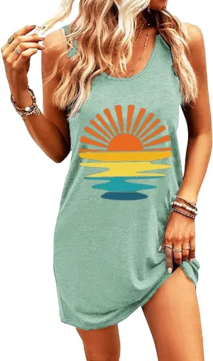 Summer Tank Dress for Women Casual Vacation Sundress Coconut Tree Graphic Beach Cover Up