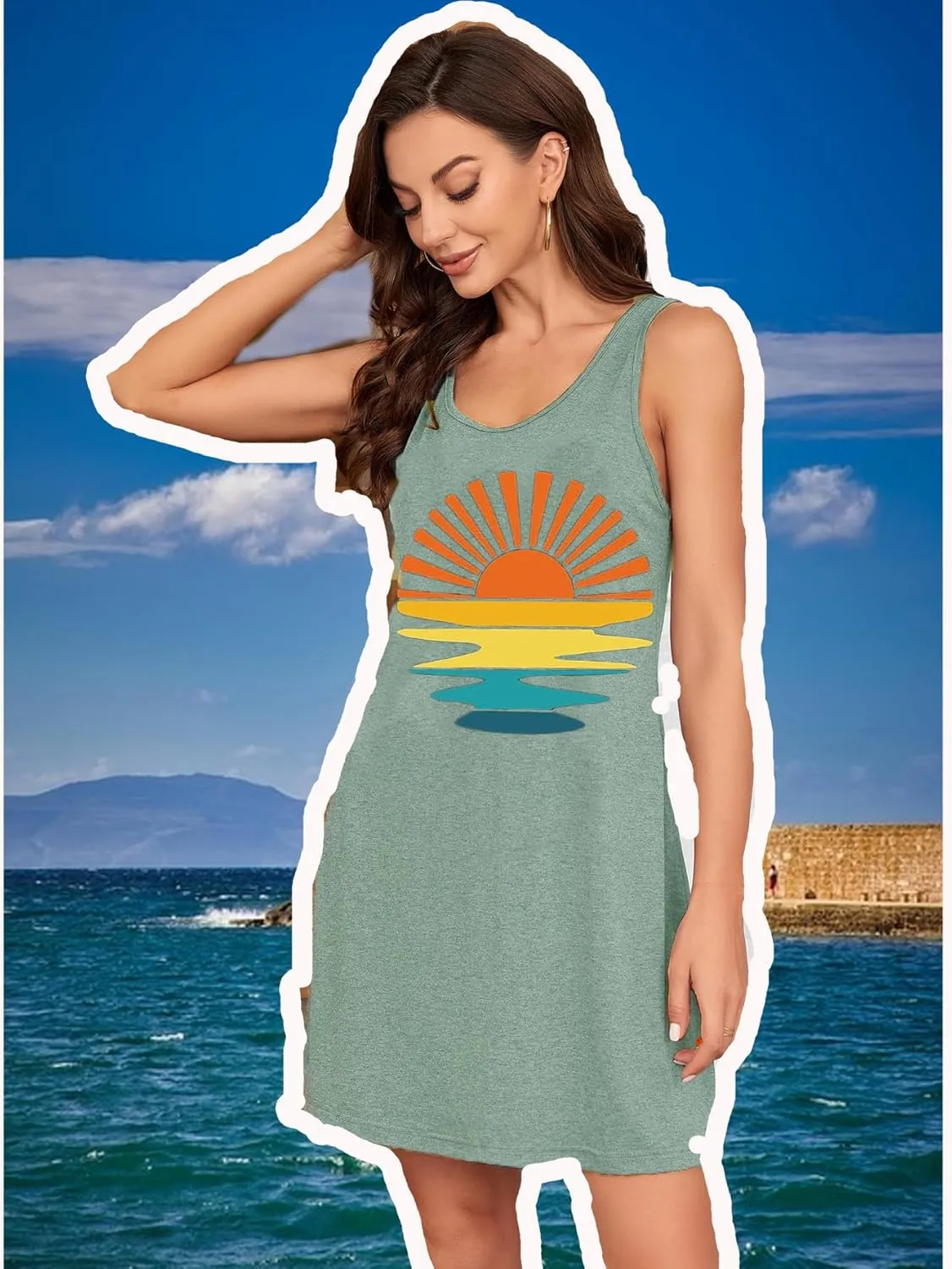 Summer Tank Dress for Women Casual Vacation Sundress Coconut Tree Graphic Beach Cover Up