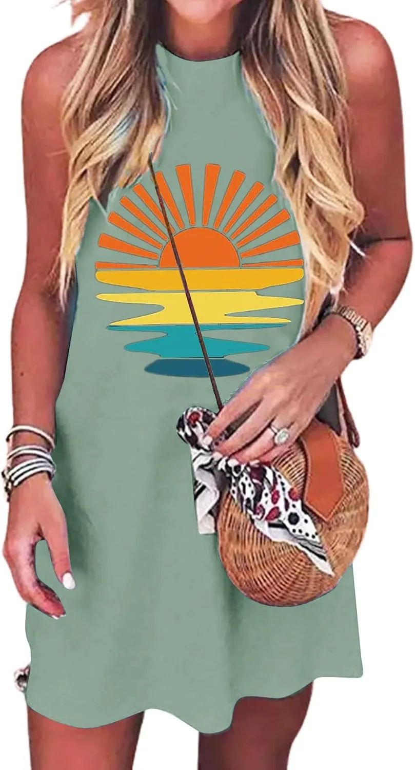 Summer Tank Dress for Women Casual Vacation Sundress Coconut Tree Graphic Beach Cover Up