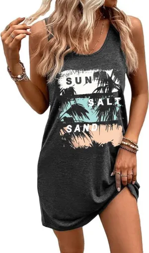 Summer Tank Dress for Women Casual Vacation Sundress Coconut Tree Graphic Beach Cover Up