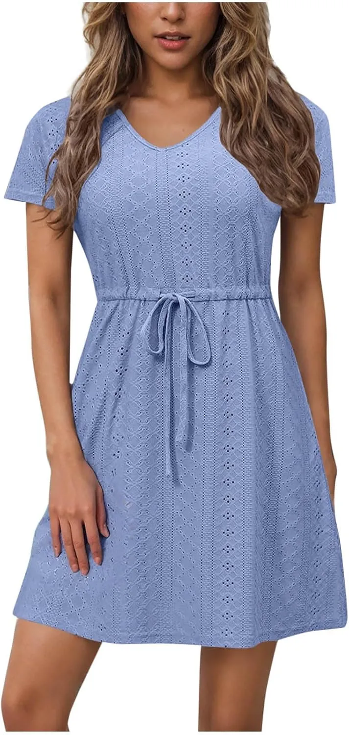 Sundresses for Women 2025 Beach Vacation Cover Ups Eyelet Tshirt Dress Casual V-Neck Drawstring Slit Flowy Mini Dress