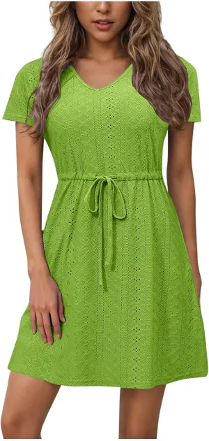 Sundresses for Women 2025 Beach Vacation Cover Ups Eyelet Tshirt Dress Casual V-Neck Drawstring Slit Flowy Mini Dress