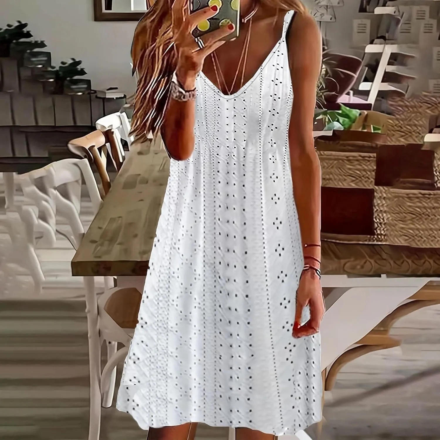 Sundresses for Women 2025 Beach Vacation Lace Eyelet V Neck Mini Dress Sexy Spaghetti Strap Summer Flowy Beach Outfit