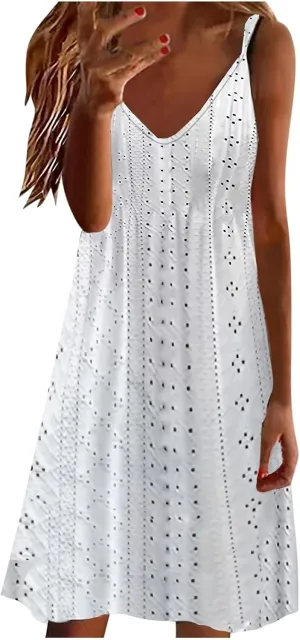 Sundresses for Women 2025 Beach Vacation Lace Eyelet V Neck Mini Dress Sexy Spaghetti Strap Summer Flowy Beach Outfit