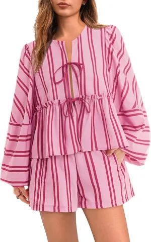 Tankaneo Womens 2 Piece Outfits Tie Front Peplum Tops Shorts Sets Striped Puff Long Sleeve Blouse Y2K Lounge Sets