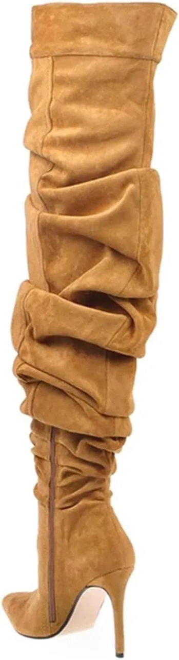 THESHY Women's Slouchy Over The Knee Boots Denim Pointed Toe Stiletto Heel Thigh High Boots Pleated Tall Fashion Sexy Bootie