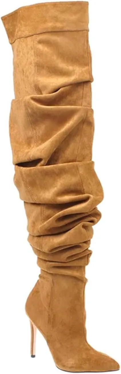THESHY Women's Slouchy Over The Knee Boots Denim Pointed Toe Stiletto Heel Thigh High Boots Pleated Tall Fashion Sexy Bootie