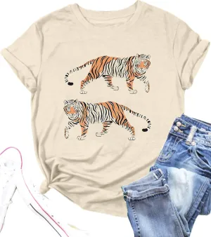 Tiger Shirt Women Vintage Animal Graphic T-Shirt Casual Short Sleeve Crewneck Tee Summer Loose Fit Tops