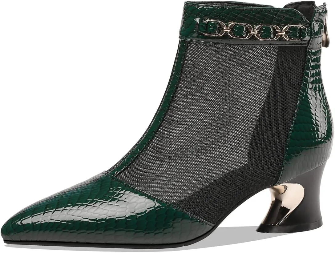 TinaCus Genuine Leather and Mesh Women's Handmade Back Zip Pointed Toe Summer Ankle Boots