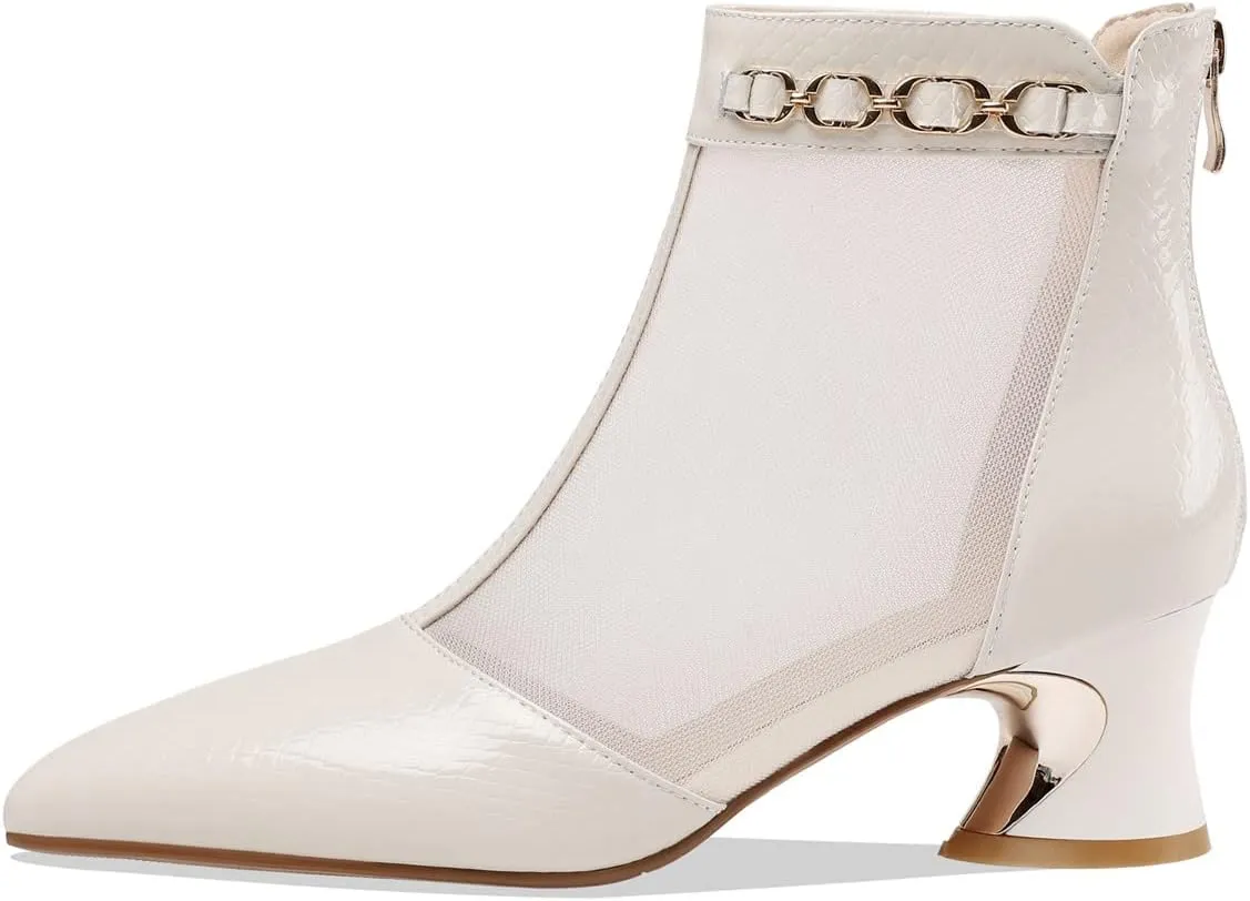 TinaCus Genuine Leather and Mesh Women's Handmade Back Zip Pointed Toe Summer Ankle Boots