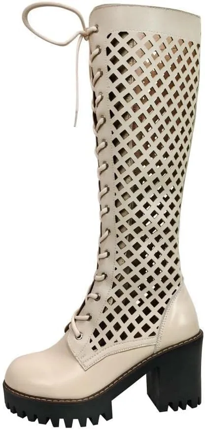 TinaCus Handmade Women's Genuine Leather Round ToeLace Up Side Zip Platform Mesh Knee High Boots