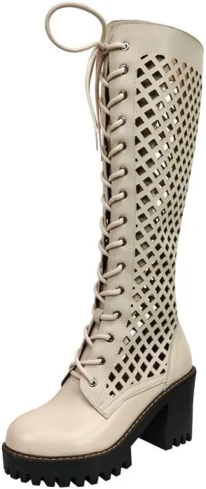 TinaCus Handmade Women's Genuine Leather Round ToeLace Up Side Zip Platform Mesh Knee High Boots