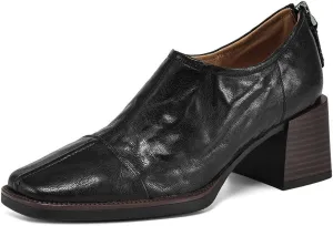 TinaCus Women's Genuine Leather Back Zip Square Toe Stacked Heel Loafers Pumps Shoes