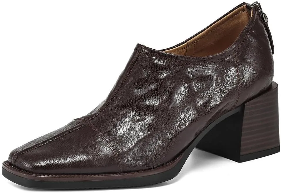 TinaCus Women's Genuine Leather Back Zip Square Toe Stacked Heel Loafers Pumps Shoes