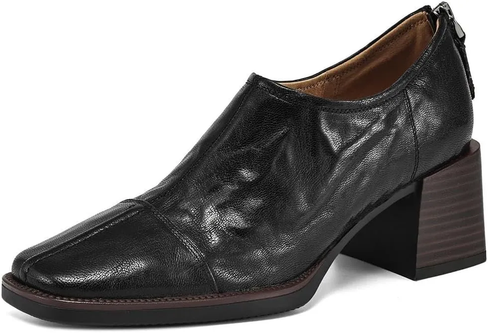 TinaCus Women's Genuine Leather Back Zip Square Toe Stacked Heel Loafers Pumps Shoes