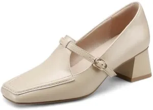 TinaCus Women's Genuine Leather Handmade Square Toe Buckle Low Stacked Heel Loafers Pumps Shoes