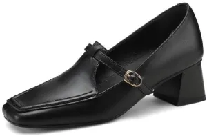 TinaCus Women's Genuine Leather Handmade Square Toe Buckle Low Stacked Heel Loafers Pumps Shoes