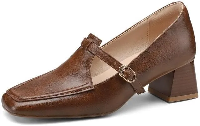 TinaCus Women's Genuine Leather Handmade Square Toe Buckle Low Stacked Heel Loafers Pumps Shoes