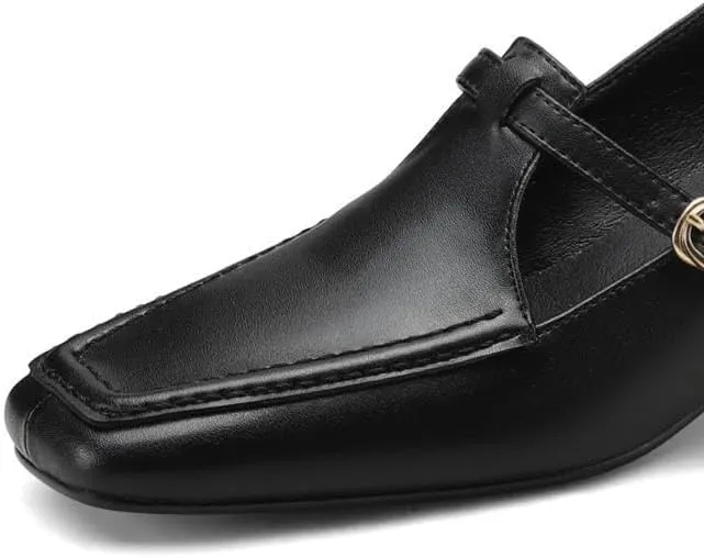 TinaCus Women's Genuine Leather Handmade Square Toe Buckle Low Stacked Heel Loafers Pumps Shoes