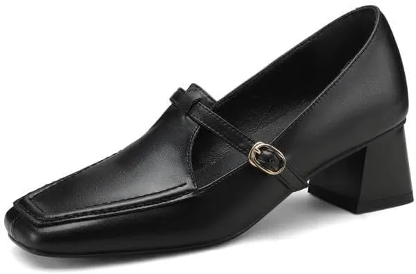 TinaCus Women's Genuine Leather Handmade Square Toe Buckle Low Stacked Heel Loafers Pumps Shoes