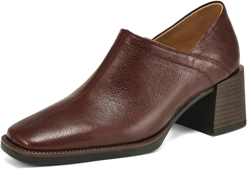 TinaCus Women's Genuine Leather Side Zip Square Toe Mid Stacked Heel Office Loafers Shoes