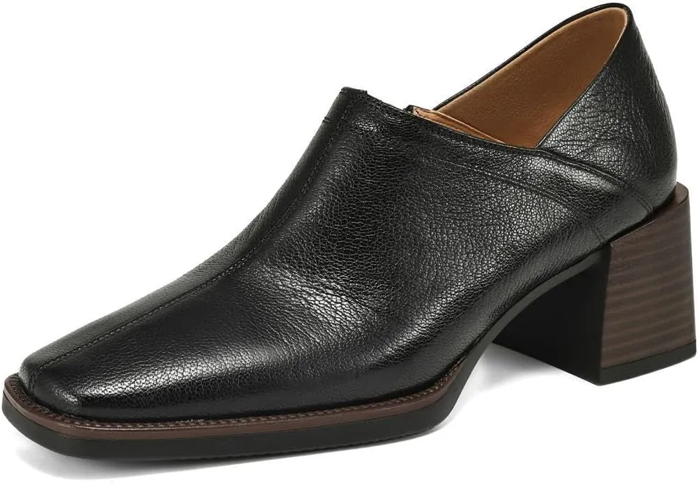 TinaCus Women's Genuine Leather Side Zip Square Toe Mid Stacked Heel Office Loafers Shoes