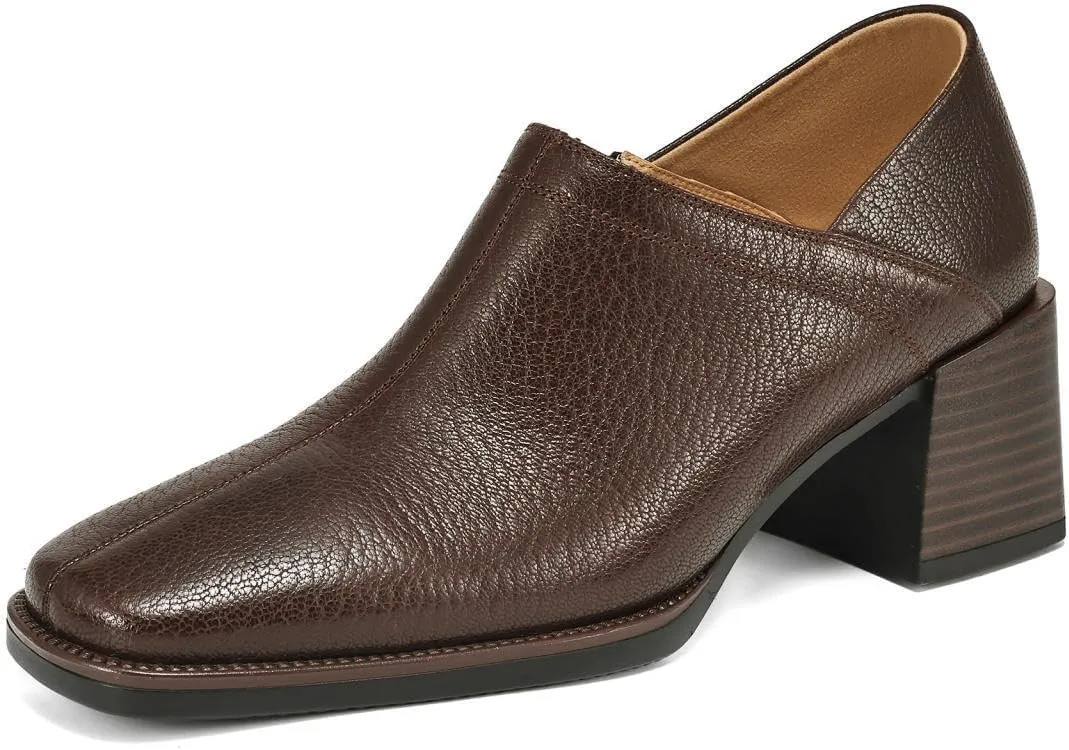 TinaCus Women's Genuine Leather Side Zip Square Toe Mid Stacked Heel Office Loafers Shoes
