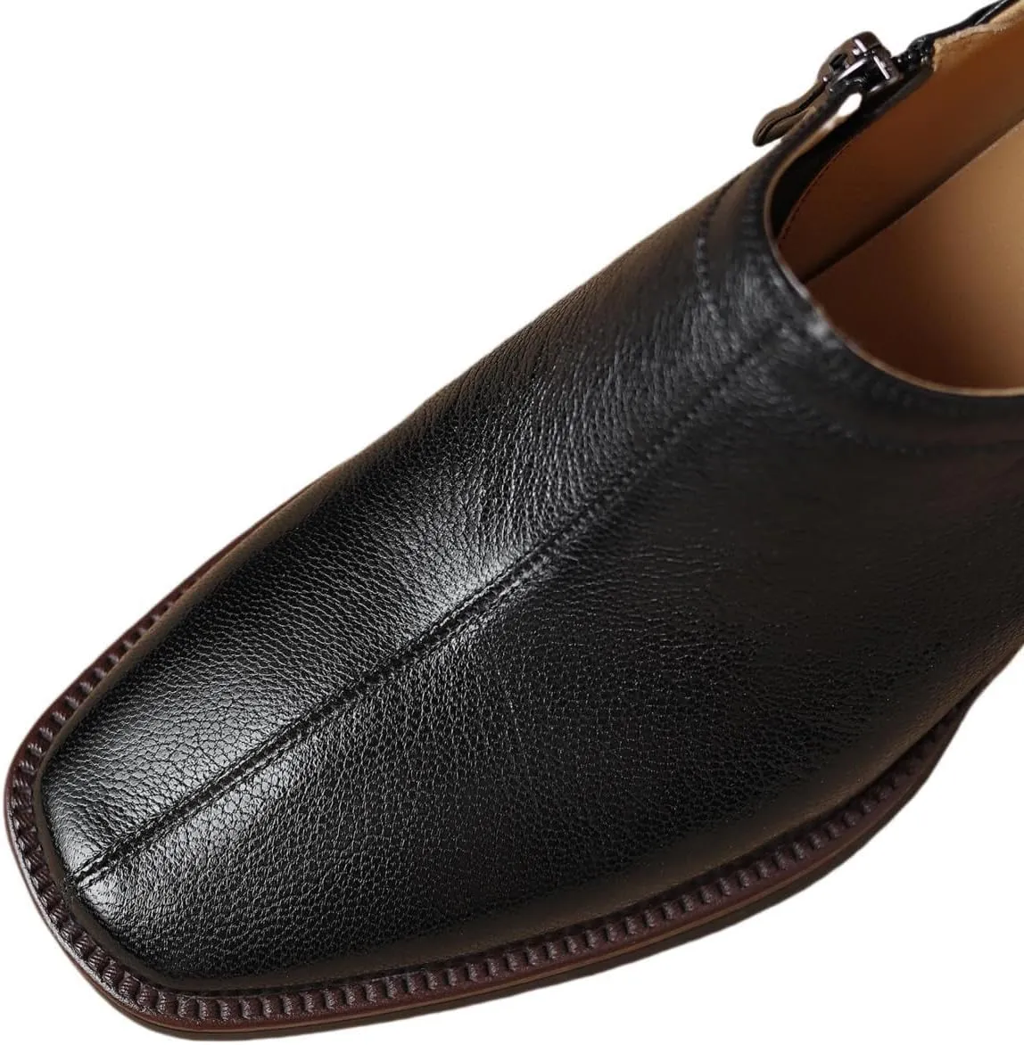 TinaCus Women's Genuine Leather Side Zip Square Toe Mid Stacked Heel Office Loafers Shoes
