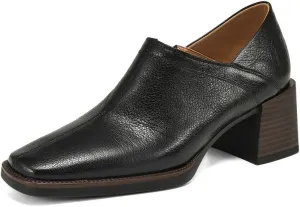 TinaCus Women's Genuine Leather Side Zip Square Toe Mid Stacked Heel Office Loafers Shoes