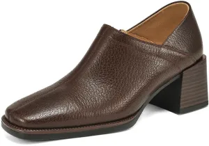 TinaCus Women's Genuine Leather Side Zip Square Toe Mid Stacked Heel Office Loafers Shoes