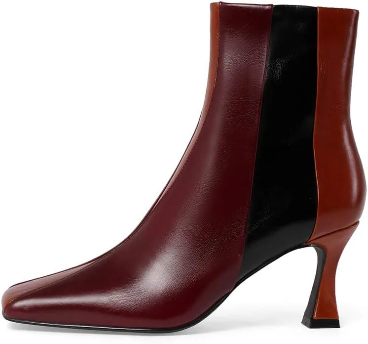 TinaCus Women's Genuine Leather Square Toe Side Zip Handmade Spool Heel Trendy Bootie