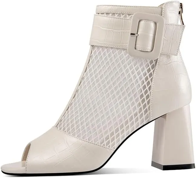 TinaCus Women's Open Toe Genuine Leather & Mesh Handmade Buckle Mid Block Heels Zip Up Ankle Boots